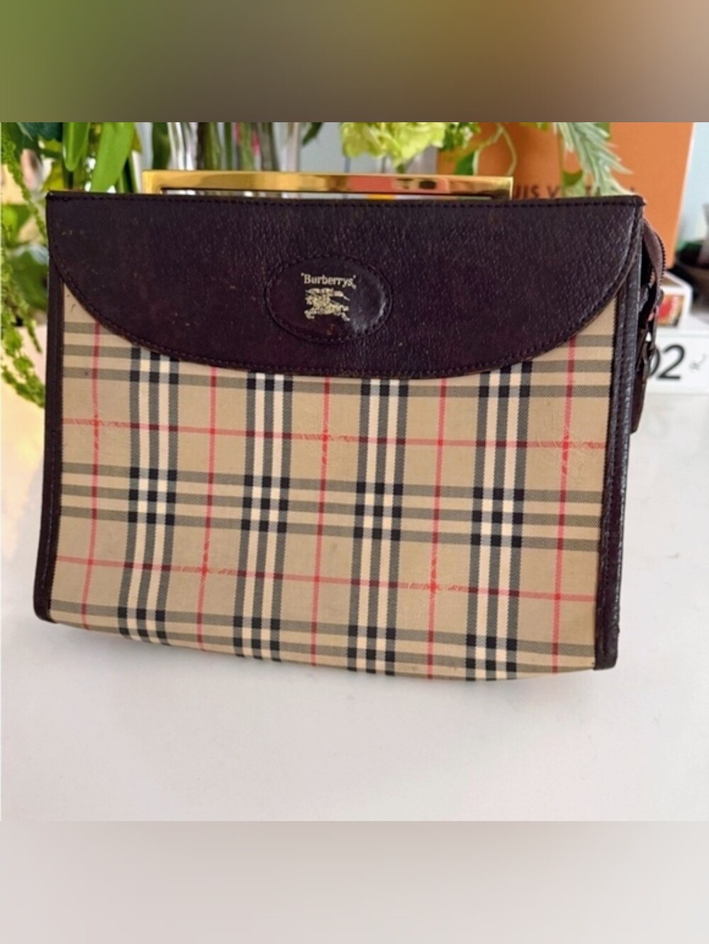 'BURBERRYS' LEATHER CLUTCH BAG SIGNATURE NOVACHECK TOP-ZIP VINTAGE